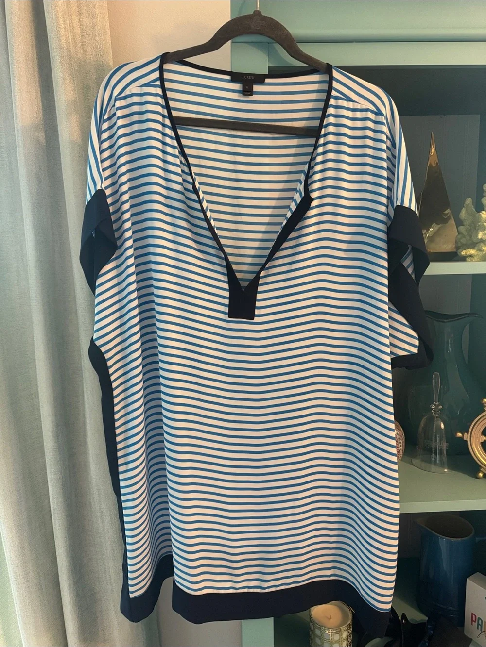 J. Crew Blue & White Striped Cover Up with Navy Trim XL EUC